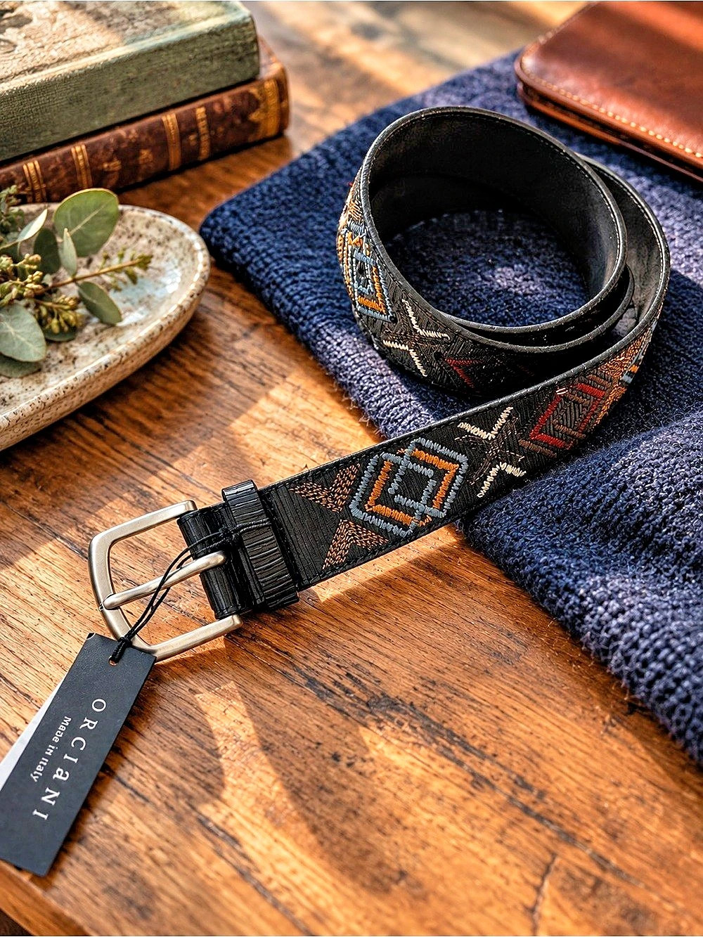 Orciani Leather Belt Geometric Belt in Black NWT